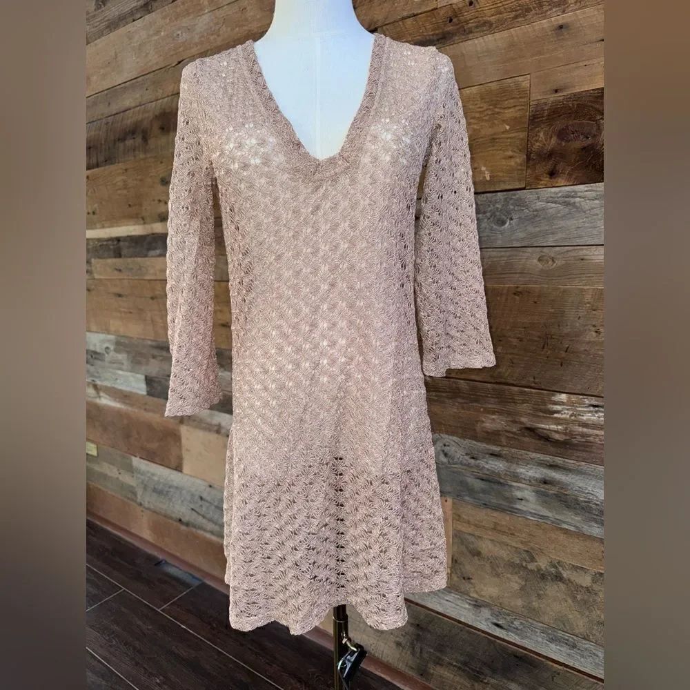 ELIF for Jordan Taylor Loose Knit Crochet Gold Long Sleeve Beach Coverup Medium